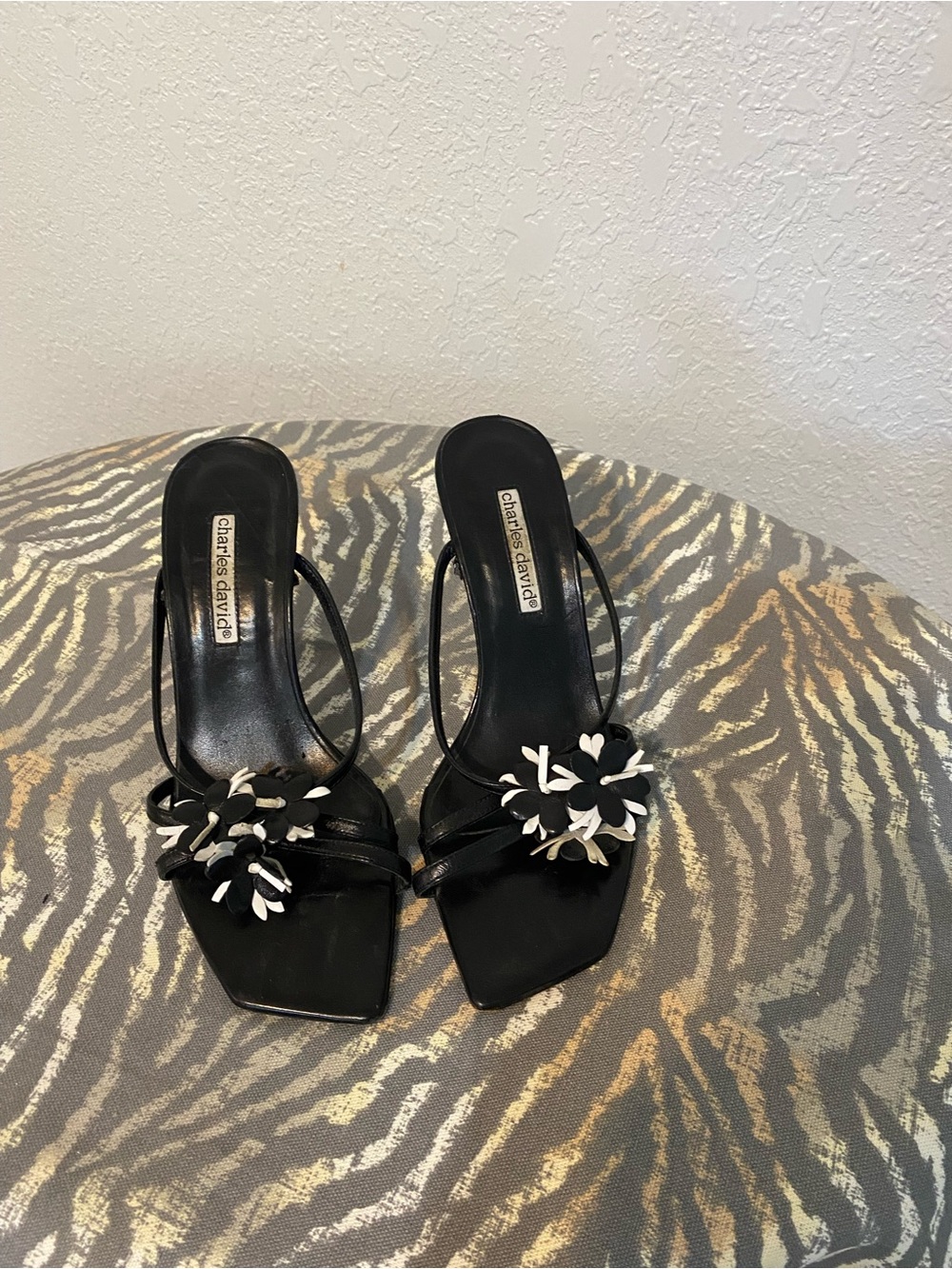 Charles David Black Heels with White Floral Appliqués